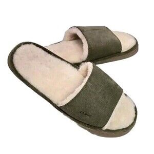 LL Bean House Slippers Leather Sheep Shearling Slides Deep Green Women 11